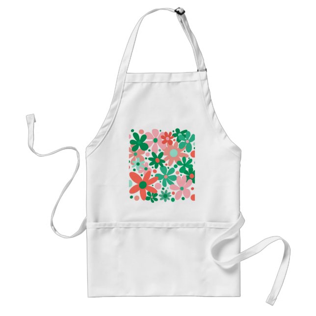 Tablier Fleurs funky en vert, pêche et corail (Devant)