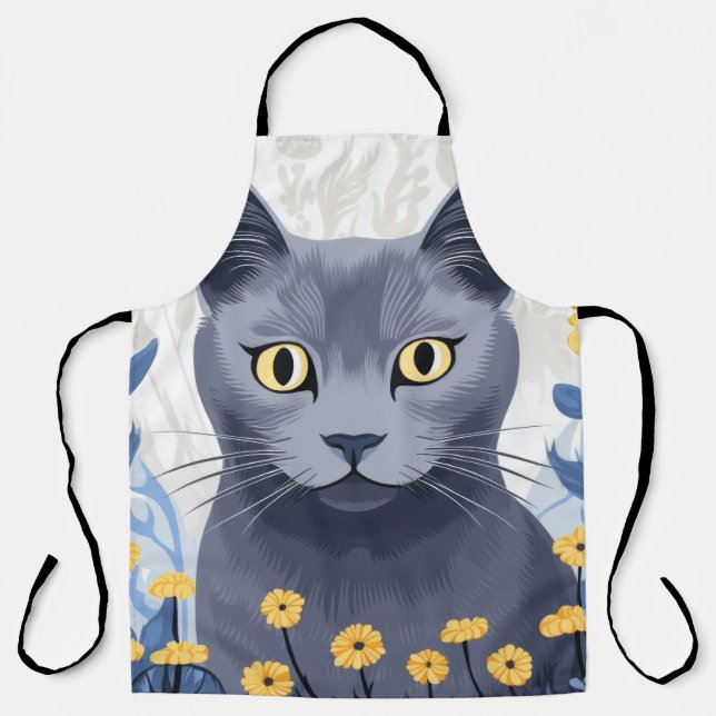 Tablier Fleurs Jaunes Chat Bleu Russe (Recto)