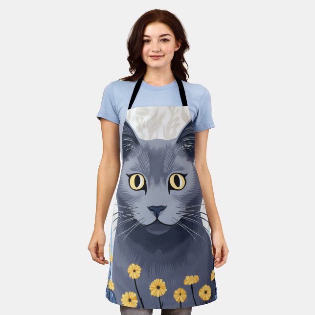 Tablier Fleurs Jaunes Chat Bleu Russe (Porté)