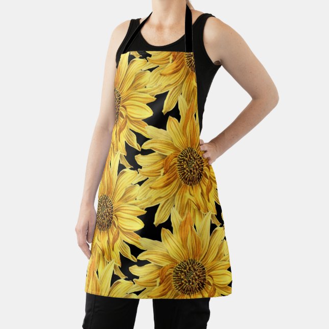 Tablier Fleurs jaunes sur impression tout en noir (Insitu)