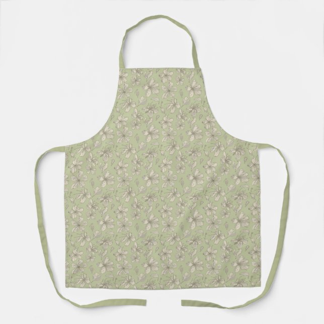 Tablier Fleurs jetées sur vert olive - motif sans soudure. (Recto)