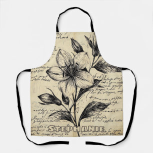 Tablier Fleurs Marron Antiques Calligraphie Parchemin