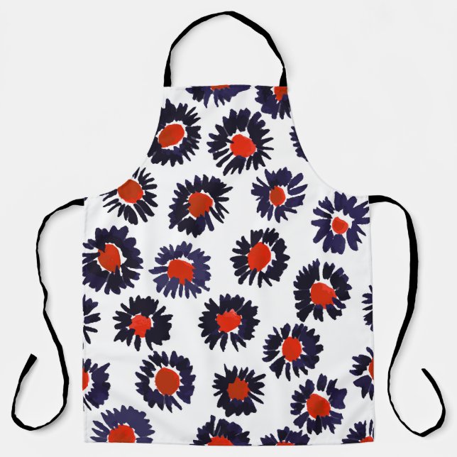 Tablier Fleurs peintes à la main, motif rouge et bleu. (Recto)