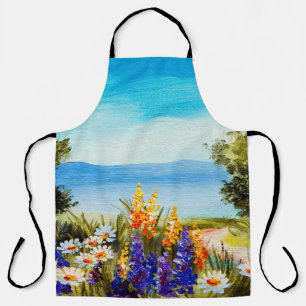 Tablier fleurs peintes à l'huile près de la mer, champ de