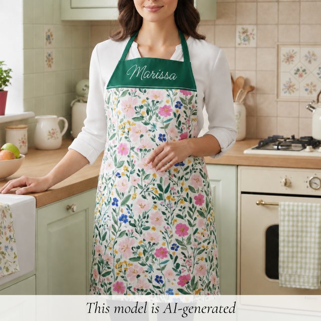 Tablier Fleurs Personnalisées Colorées  (elegant colorful floral apron with monogram name in script, personalized gift for foodies and chefs )