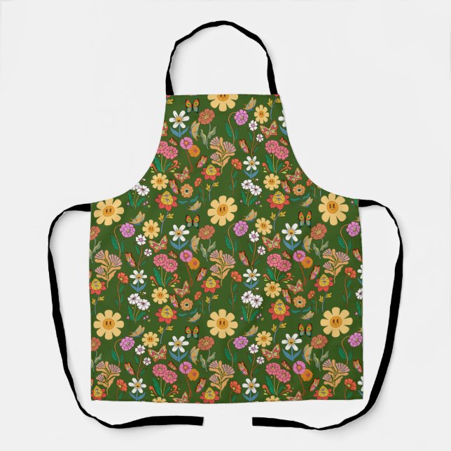 Tablier Fleurs psychédéliques Motif Retro Style D Green BG (Recto)
