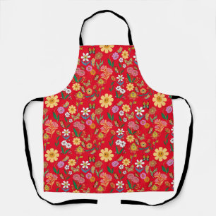 Tablier Fleurs psychédéliques Motif style rétro Rouge BG