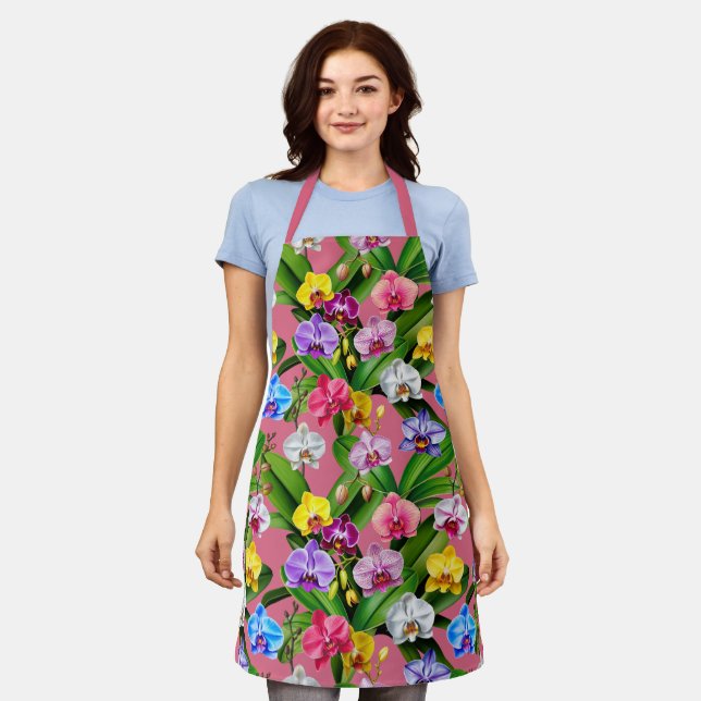 Tablier Fleurs Rose Bleu Jaune Lilas Vert Orchidée (Porté)