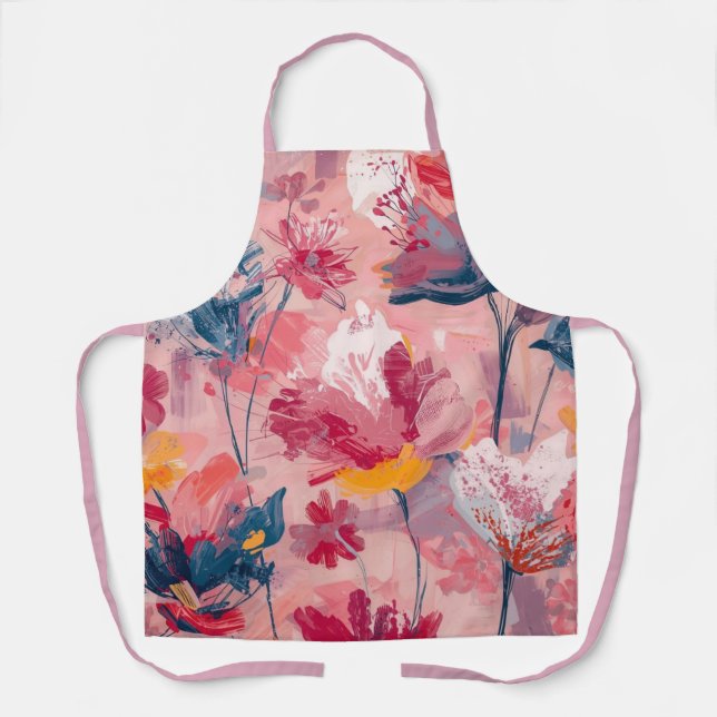 Tablier Fleurs roses coups de pinceau peints motif botaniq (Recto)