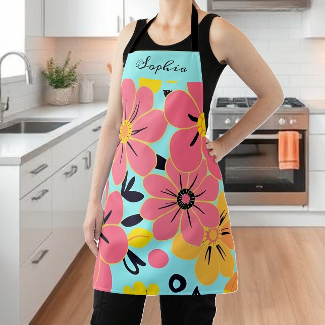 Tablier Fleurs roses et jaunes sur Sky Blue Dopamine (Pink & Yellow Blossoms on Sky Blue-Dopamine Style Apron)