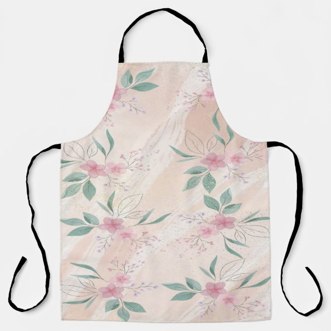 Tablier Fleurs roses et motif feuille vert (Recto)