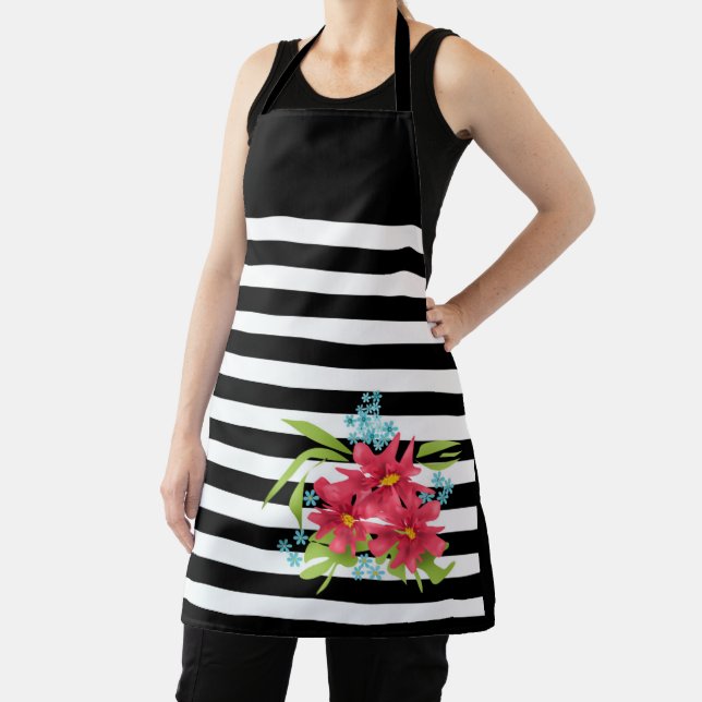 Tablier fleurs roses floral noir blanc rayé (Insitu)