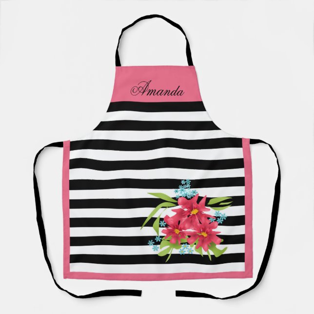 Tablier fleurs roses florales rayées noir et blanc (Recto)