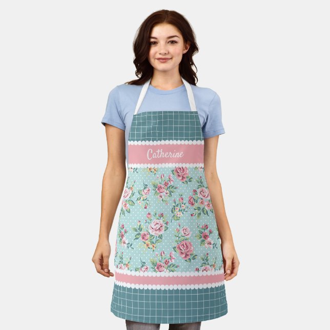 Tablier Fleurs roses personnalisées pastel bleu sarcelle b (Porté)