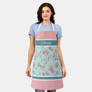 Tablier Fleurs roses personnalisées pastel françaises bleu