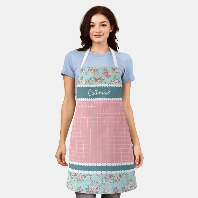 Tablier Fleurs roses personnalisées pastel françaises bleu (Porté)