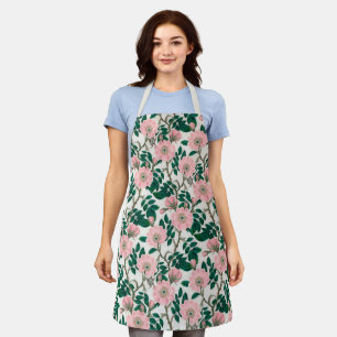 Tablier Fleurs Roses roses et Motif Feuille vert