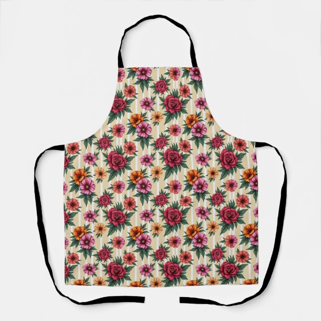 Tablier Fleurs roses rouges et dorées sur rayures beige (Recto)