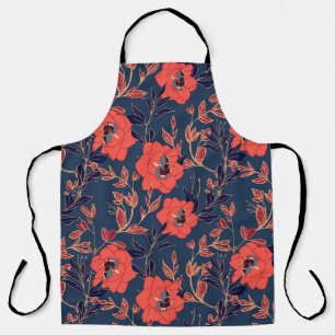 Tablier Fleurs rouges de roses et pivoines avec feuilles e