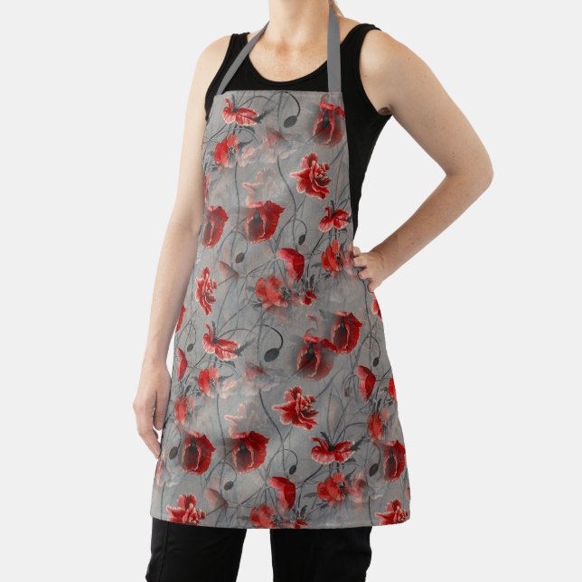 Tablier Fleurs rouges sur Gris foncé, Pépites rouges à pap (Insitu)