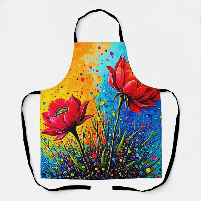 Tablier Fleurs rouges vibrantes - Impression Pop Art (Recto)