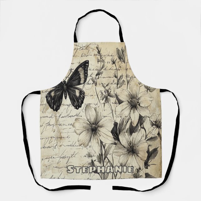Tablier Fleurs rustiques et papillon - Papier vieilli (Recto)