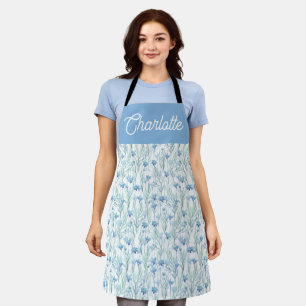 Tablier Fleurs sauvages aquarelle bleue nom personnalisé
