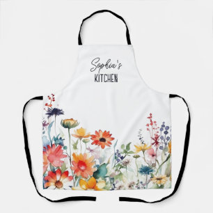 Tablier Fleurs sauvages aquarelle cadeau personnalisé bohè