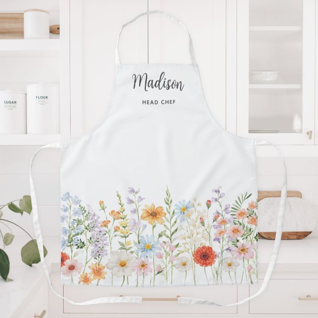 Tablier Fleurs sauvages de monogramme aquarelle cuisine fl (Créateur téléchargé)