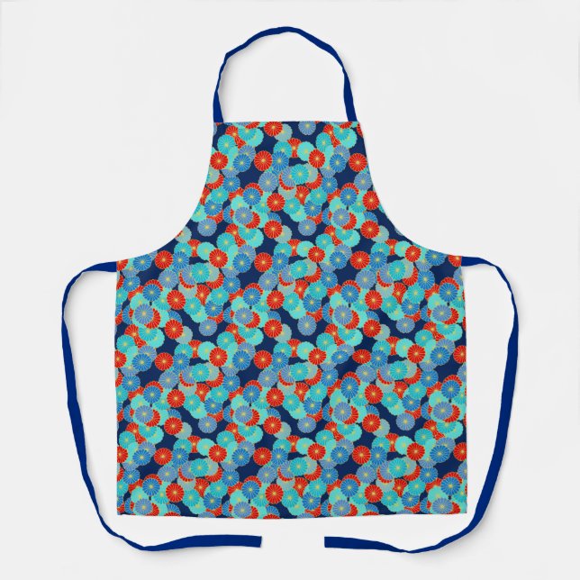 Tablier Fleurs stylisées Art Déco Bleu, Turquoise & Rouge (Recto)