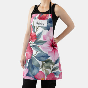 Tablier Fleurs tropicales blanches roses chic