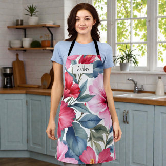 Tablier Fleurs tropicales blanches roses chic