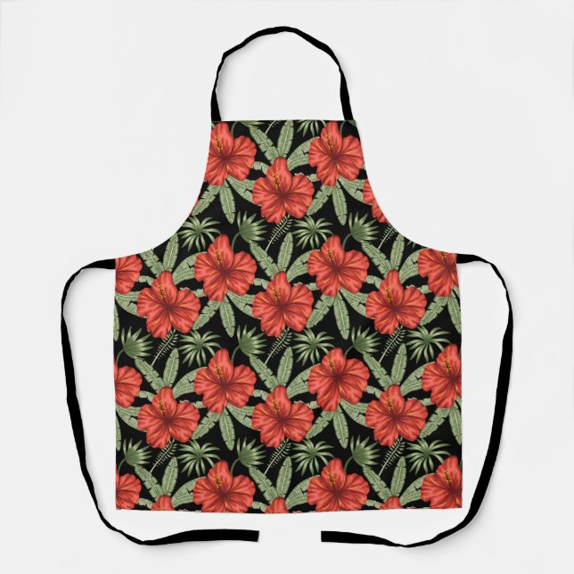 Tablier Fleurs tropicales rouges sans coutures motif vert  (Recto)