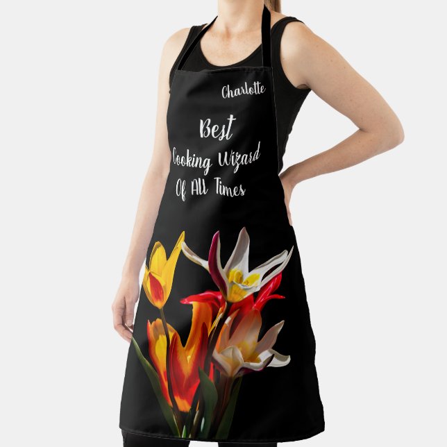 Tablier Fleurs Tulipes Élégantes Sur Noir (Insitu)