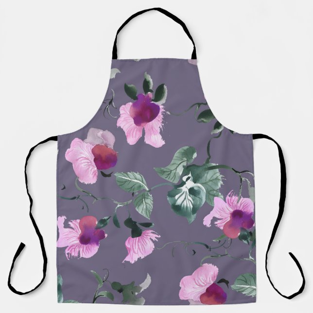 Tablier Fleurs violettes : motif aquarellé. (Recto)