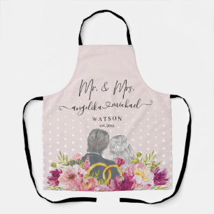 Tablier Floral Blush Peonies Script tendance Mr et Mrs.