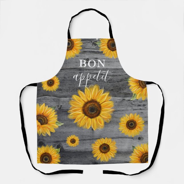 Tablier Floral de tournesol en bois rustique Bon appétit C (Recto)