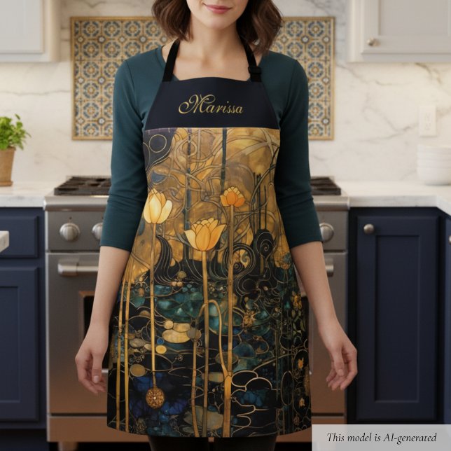 Tablier floral élégant vintage (elegant black gold vintage art nouveau floral apron with custom name in beautiful script calligraphy)