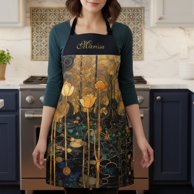 Tablier floral élégant vintage (elegant black gold vintage art nouveau floral apron with custom name in beautiful script calligraphy)