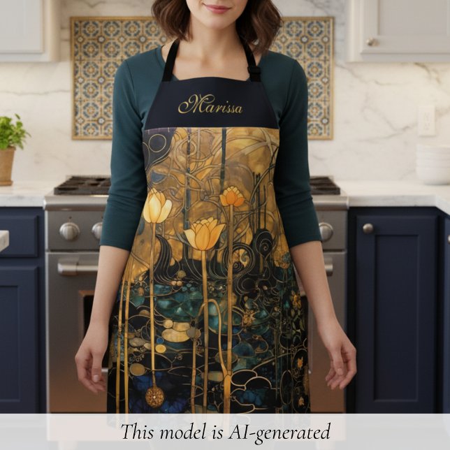Tablier floral élégant vintage (elegant black gold vintage art nouveau floral apron with custom name in beautiful script calligraphy)
