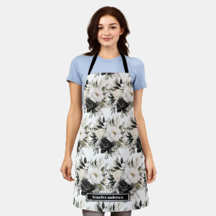 Tablier floral moderne noir et blanc à aquarelle
