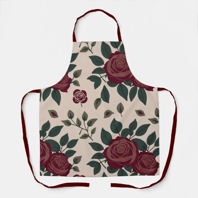Tablier Floral Pattern Of Dark Red Roses With Green Leaves (Recto)