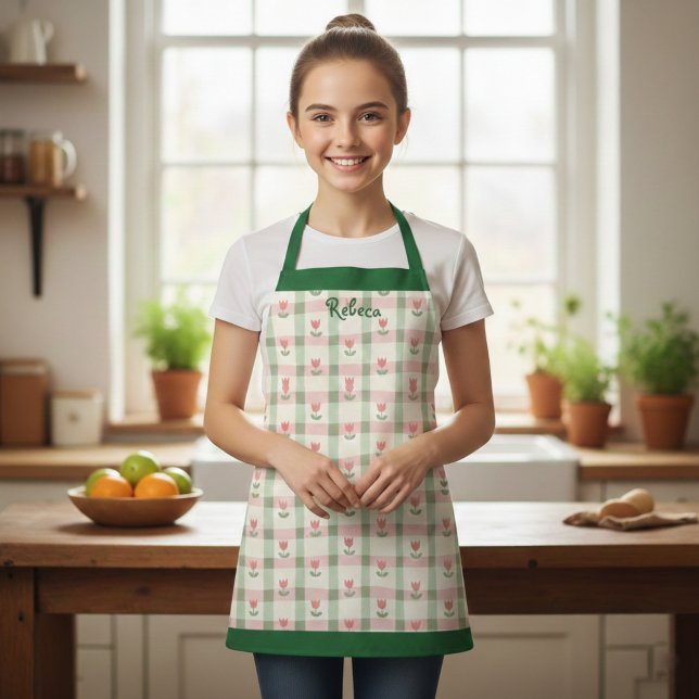 Tablier Floral Plaid Kids' Apron with Custom Name (Créateur téléchargé)