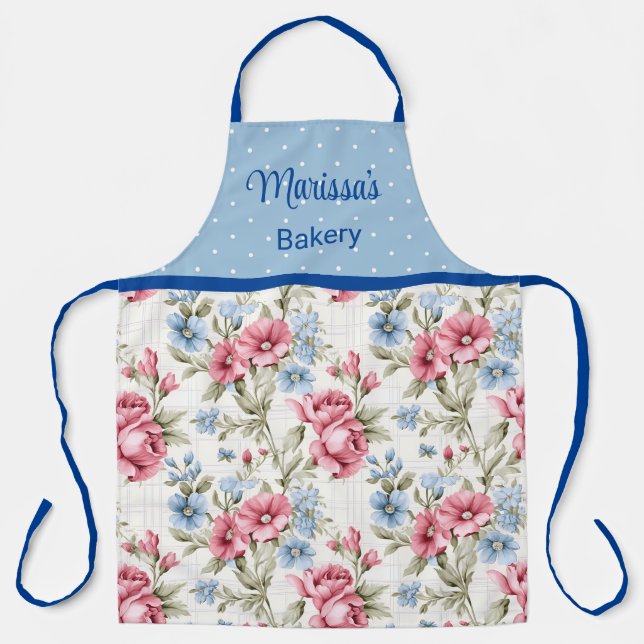 Tablier Floral rose et bleu ciel - Pois Monogramme (Recto)