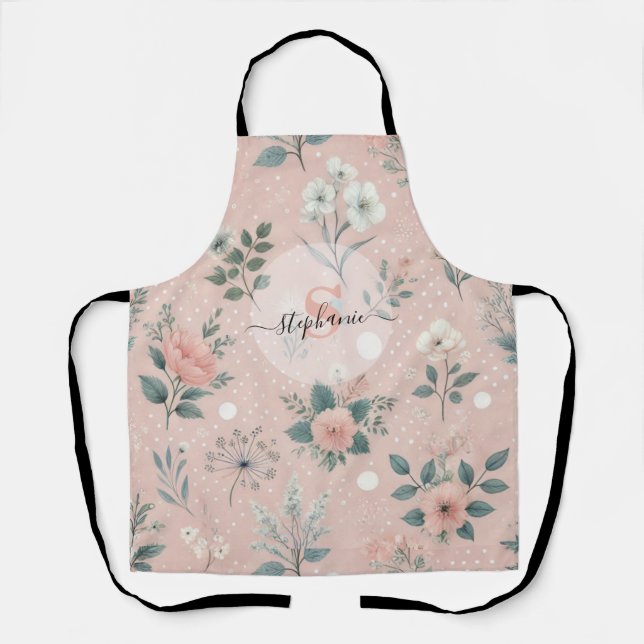 Tablier Floral rose rustique avec fleurs blanches et verdu (Recto)