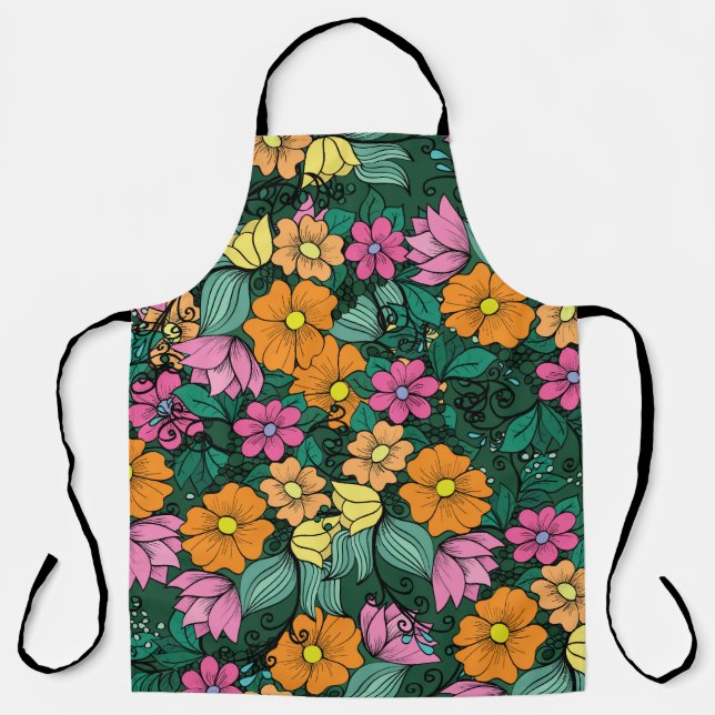 Tablier Floral vibrant : Vert Arrière - plan Vintage. (Recto)