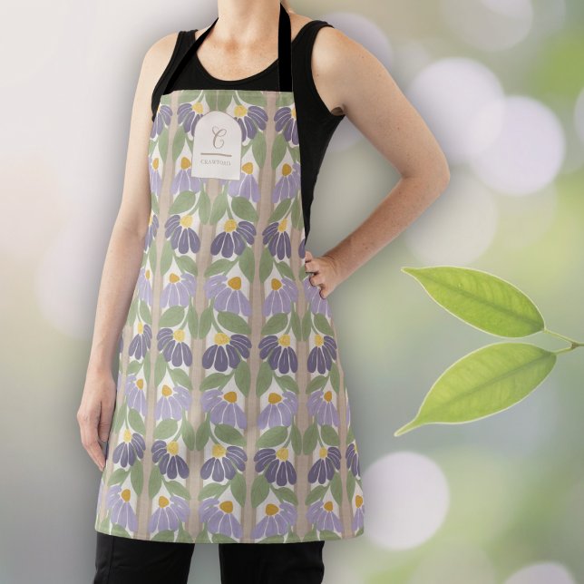 Tablier floral violet vintage avec monogramme  (Vintage Floral Apron – Purple Daisy Kitchen or Gardening Gift with Botanical Stripe Design)