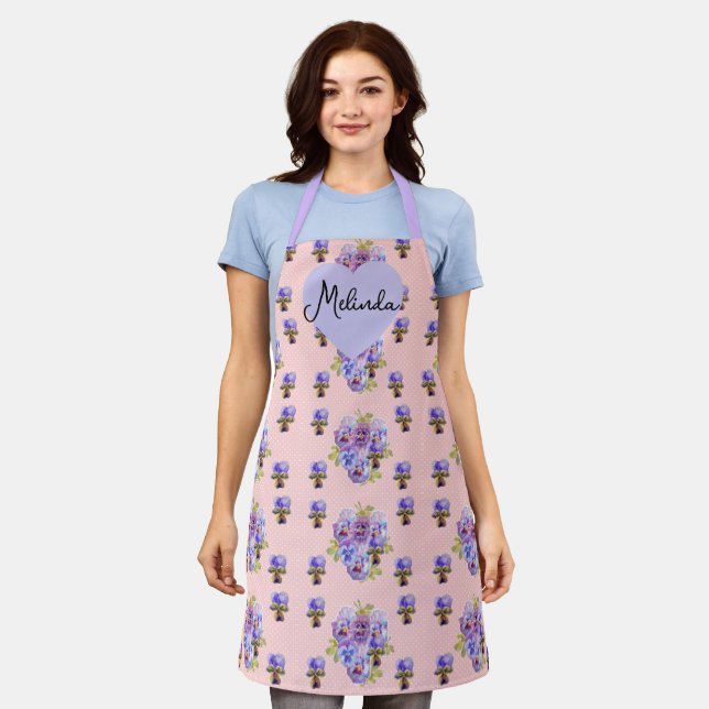 Tablier Floral Violet Violet Rose Pâle Pensée Nom de Femme (Porté)