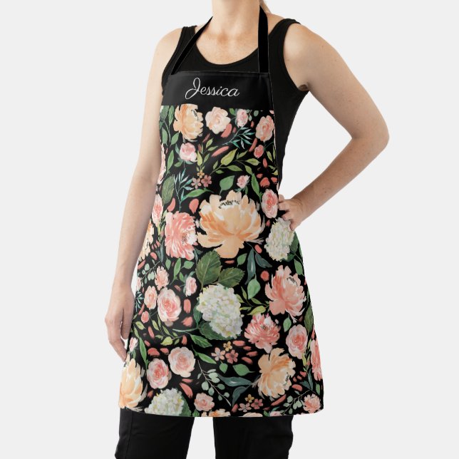 Tablier Flore d'aquarelle de printemps sur le nom noir (Insitu)