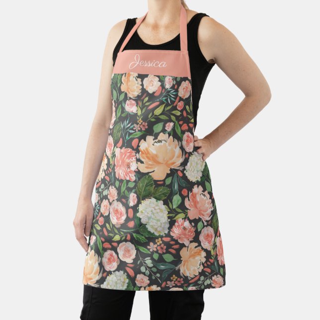 Tablier Flore d'aquarelle printanière sur gris foncé Nom (Insitu)
